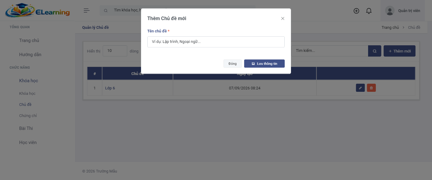 Màn hình Chủ đề và chứng chỉ đã cấp